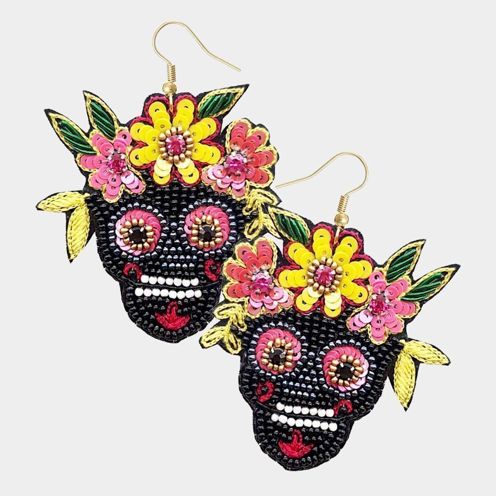 NWT Womens Boutique Felt Back Sequin Seed Bead Sugar Skull Flower Crown Earrings